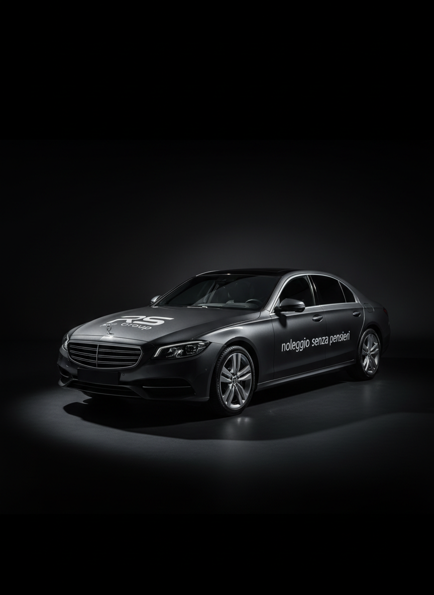 A gleaming dark-gray premium rental sedan with subtle metallic flake paint, neatly aligned at a perfect three-quarter front angle on a seamless matte black studio floor. The RS Group logo is subtly reflected on the glossy hood, while clean white typographic decals on the side hint at “noleggio senza pensieri.” A single strong directional spotlight from the upper left carves sharp, crisp shadows and razor-edged highlights along the body lines, emphasizing precision and reliability. The background is an ultra-minimal gradient from deep charcoal to near-black, with no distractions. Photographic realism, bold and high-contrast, shot at eye level with a slightly wide lens, sharp focus throughout, conveying power, professionalism, and total clarity in the rental offer.