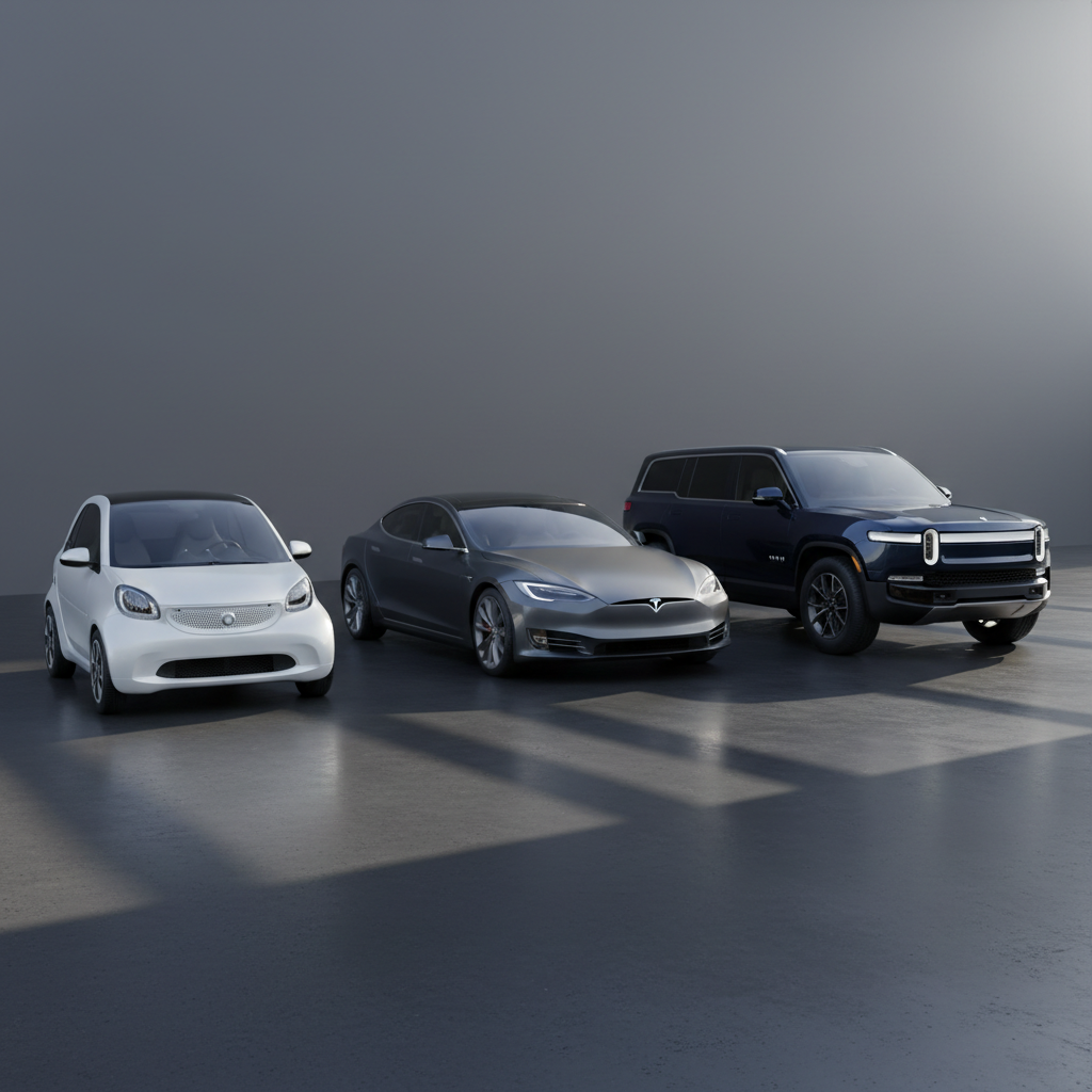 A row of three modern rental vehicles — a compact city car, a sleek sedan, and a spacious SUV — parked diagonally on a spotless dark concrete surface, each in a different neutral color: pearl white, graphite gray, and deep midnight blue. The cars are evenly spaced, perfectly aligned, and immaculately clean, with subtle reflections running along their sides. A hard, high-intensity key light from the right produces crisp, elongated shadows to the left, shaping a bold, graphic rhythm across the ground. The background is an empty matte charcoal wall, minimalist and uncluttered. Photographic realism with a slightly low-angle perspective, emphasizing choice and strength. The atmosphere feels decisive, trustworthy, and straightforward, ideal for presenting a diverse, well-maintained rental fleet.